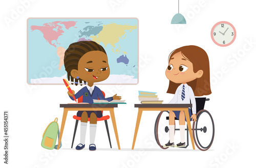 Two diverse schoolgirl in uniform talking at geography lesson studying at multiracial inclusive school vector flat illustration. Girl in wheelchair communicating to classmate learning at classroom