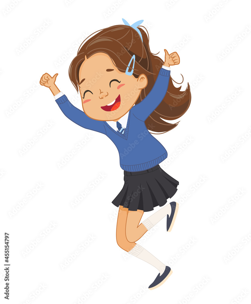 Rejoicing European schoolgirl elementary student jumping with cool gesture vector flat illustration. Little girl in school uniform celebrating vacation break with positive emotion thumbs up isolated Rejoicing European schoolgirl elementary student jumping with cool gesture vector flat illustration. Little girl in school uniform celebrating vacation break with positive emotion thumbs up isolated