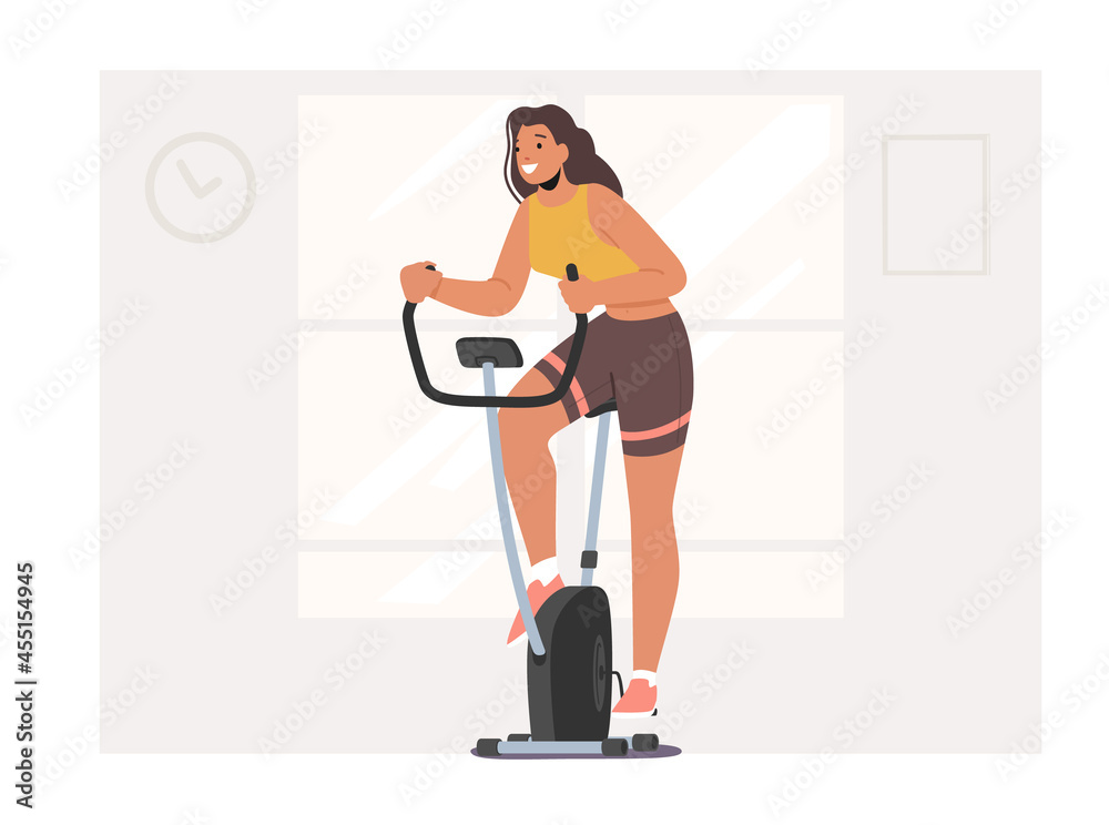 Woman Training in Gym on Exercise Bike. Sports Lifestyle Workout, Healthy Character Cardio Exercising in Fitness Club Woman Training in Gym on Exercise Bike. Sports Lifestyle Workout, Healthy Character Cardio Exercising in Fitness Club