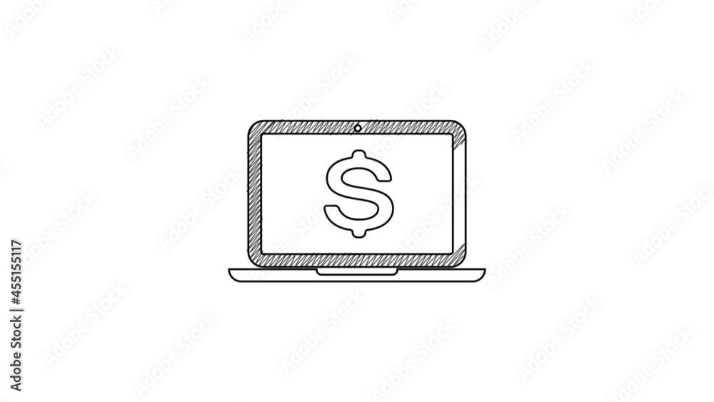 Black line Laptop with dollar symbol icon isolated on white background. Online shopping concept. Economy concept. 4K Video motion graphic animation Black line Laptop with dollar symbol icon isolated on white background. Online shopping concept. Economy concept. 4K Video motion graphic animation
