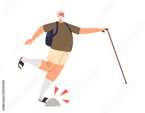 Senior man fall walk with stick hurt foot. Old male cartoon character got injured suffer from pain