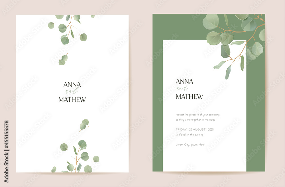 Wedding realistic eucalyptus, green leaf branches floral Save the Date set. Vector leaves greenery boho invitation