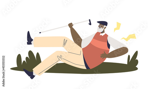 Senior man stumble while walking and fall hurt back and leg. Old male got injured suffer from pain