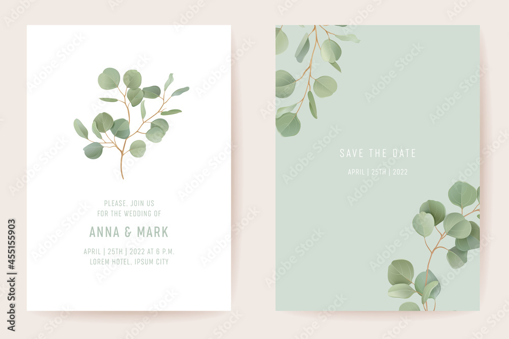 Botanical wedding invitation card template design, realistic leaves greenery frame set