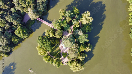 View of the Island of Anti-Circe and the pond at Arboretum Sofiyivka in Uman. Ukraine. Europe