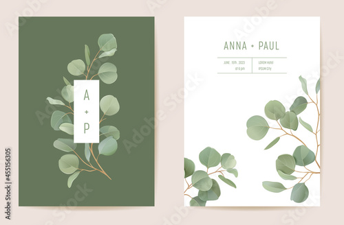 Realistic botanical wedding invitation card template design, leaves greenery frame set photo