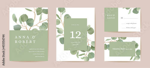 Wedding realistic eucalyptus, green leaf branches floral Save the Date set. Vector leaves greenery boho card