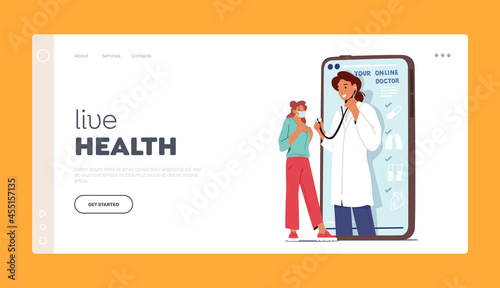 Online Medicine, Healthcare Service Landing Page Template. Doctor on Smartphone Screen Listen Patient Heart Beating