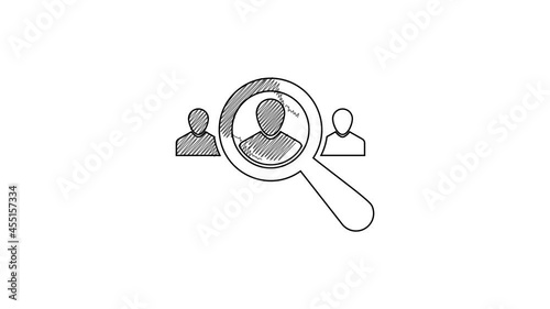 Black line Magnifying glass for search a people icon isolated on white background. Recruitment or selection concept. Search for employees and job. 4K Video motion graphic animation