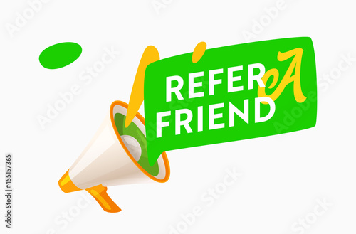 Refer a Friend Promo Banner with Megaphone and Speech Bubble. Marketing Advert Alert, Referral Program for Customers