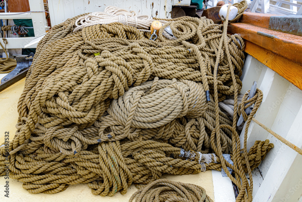 Pile Of Brown Rope On A Sailing Ship