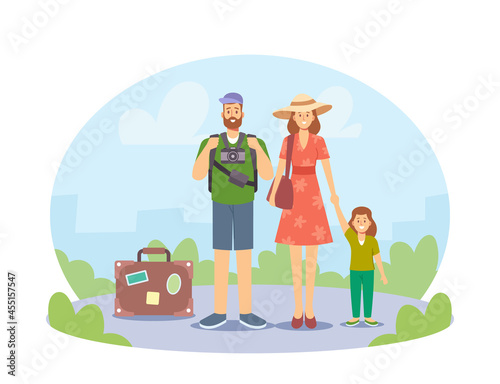 Happy Family Summer Vacation. Parents with Kid Traveling, Mother, Father and Little Child Characters with Bag and Camera