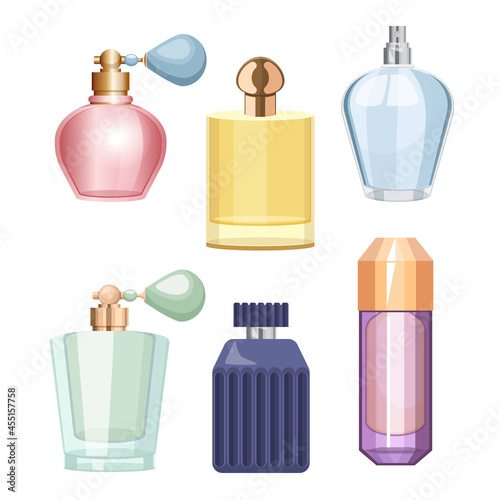 Set of Perfume Bottles, Cosmetics Flasks and Glass Vials with Liquid Sprayer and Pumps. Aroma, Men or Women Perfumery