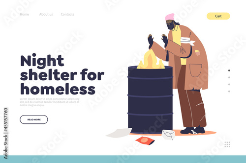 Night shelter for homeless concept of landing page with unemployed beggar warming at fire