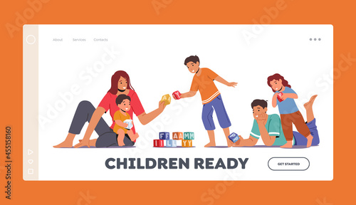 Happy Family Spare Time Landing Page Template. Parents with Kids Leisure . Father and Mother Playing Toys with Children