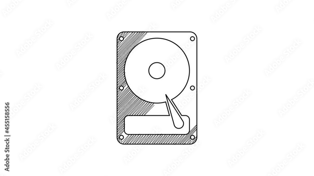 Black line Hard disk drive HDD icon isolated on white background. 4K Video motion graphic animation Black line Hard disk drive HDD icon isolated on white background. 4K Video motion graphic animation