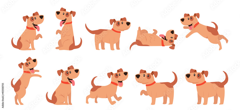 Set of Cute Dogs, Pets, Domestic Animals Walking, Sitting, Jumping, Giving Paw. Funny Cartoon Characters, Joyful Puppy Set of Cute Dogs, Pets, Domestic Animals Walking, Sitting, Jumping, Giving Paw. Funny Cartoon Characters, Joyful Puppy