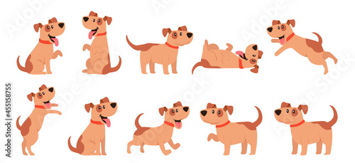 Fototapeta Naklejka Na Ścianę i Meble -  Set of Cute Dogs, Pets, Domestic Animals Walking, Sitting, Jumping, Giving Paw. Funny Cartoon Characters, Joyful Puppy