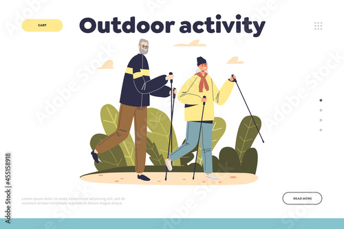 Outdoor activity concept of landing page with active senior man and woman nordic walking in park