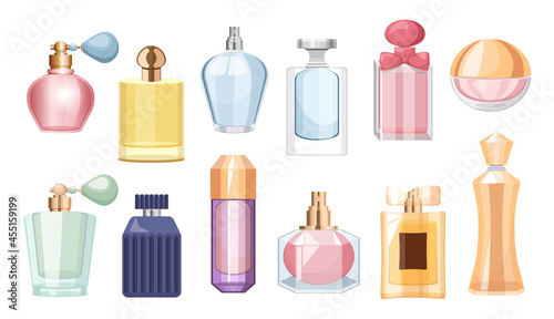 Set of Perfume Bottles, Colorful Glass Vials and Flasks with Sprayer and Pump. Aroma Scents Cosmetics for Men or Women