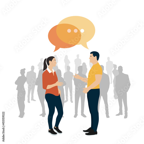 Personas, amigos, pareja conversando. Hombre y mujer intercambiando ideas mediante una conversación, burbuja de chat. Ilustración vectorial photo