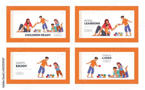 Happy Family Spare Time Landing Page Template Set. Parents with Kids Leisure. Father and Mother Play Toys with Children