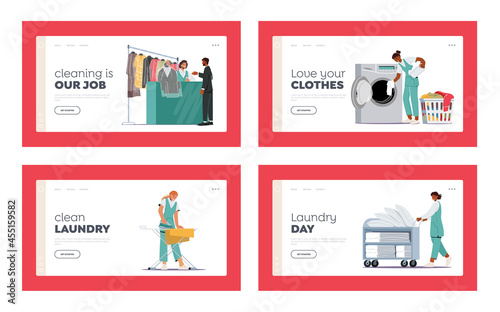 Characters Working in Dry Cleaning Laundry Landing Page Template Set. Worker Loading Dirty Clothes to Washing Machine