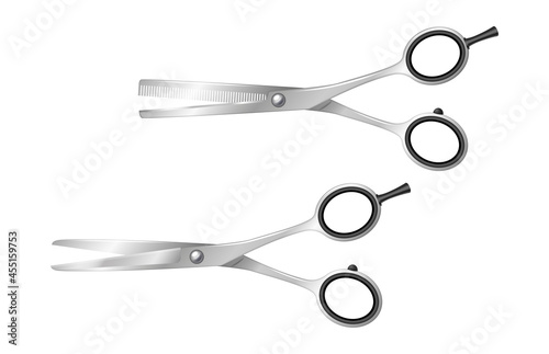 Realistic 3d Scissors set for hairdresser salon or barbershop. Professional barber haircut equipment