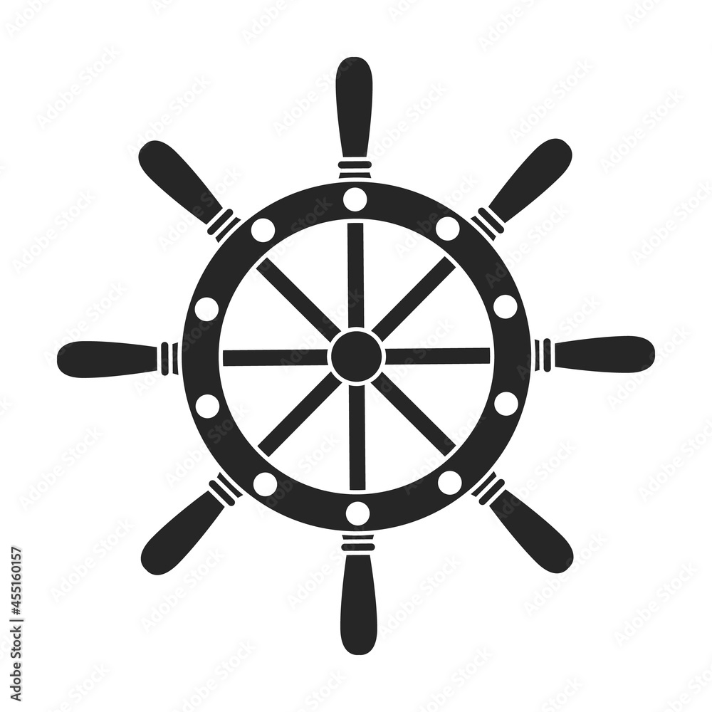 Obraz premium Ship wheel black vector of icon.Black vector icon helm of ship. Isolated illustration of wheel boat on white background.