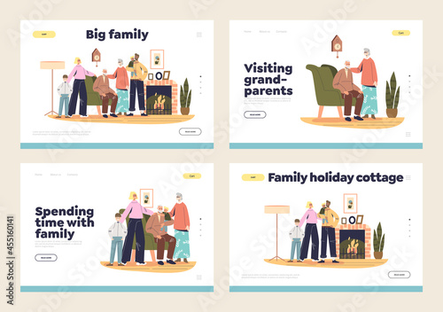 Family gathering landing pages set with parents, grandparents and kids generation together