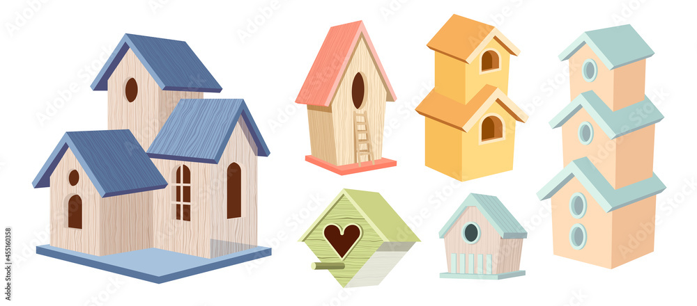 Set of Wooden Bird Houses, Two-storied and Three-story Wood Colorful Birdhouses, Home or Nest with Slope Roof and Fence Set of Wooden Bird Houses, Two-storied and Three-story Wood Colorful Birdhouses, Home or Nest with Slope Roof and Fence