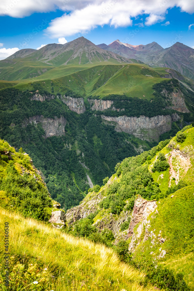 Scenic views of Georgia mountains and canyons from above around Kazbek mountain