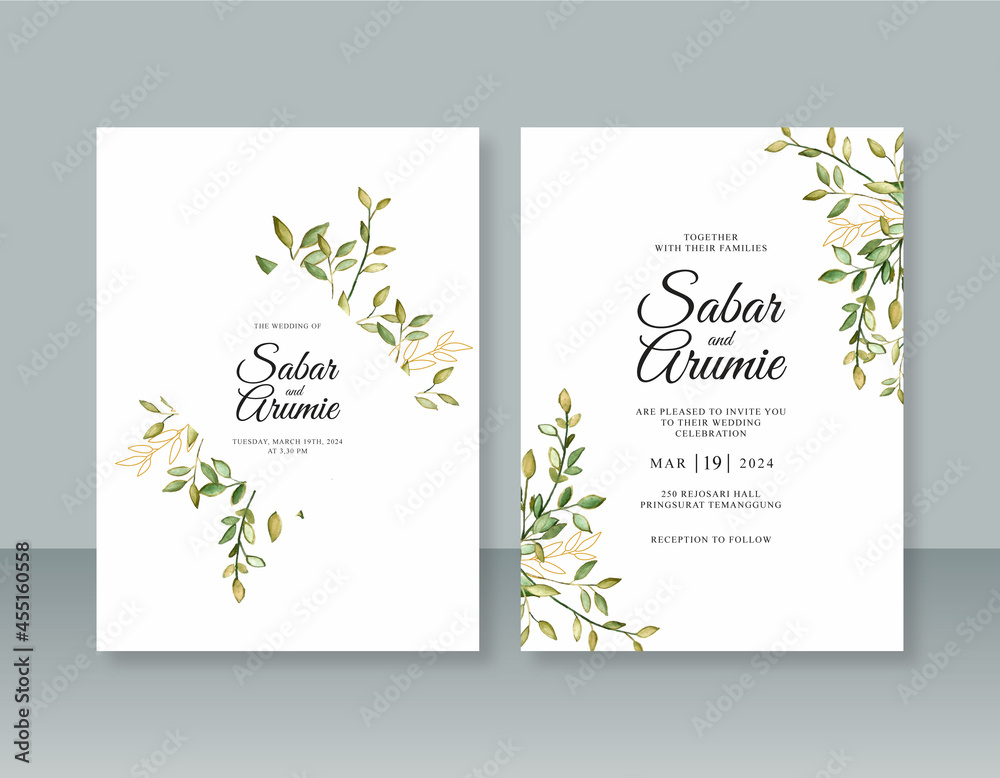 Wedding invitation template with watercolor foliage