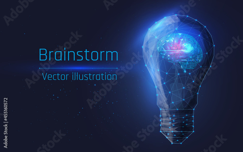 Creative light bulb idea. Low poly polygonal brainstorming business idea. Modern geometric 3d lamp. Inventions Brain Shape Inspiration Banner Vector Illustration .wireframe, plexus, dot. triangle