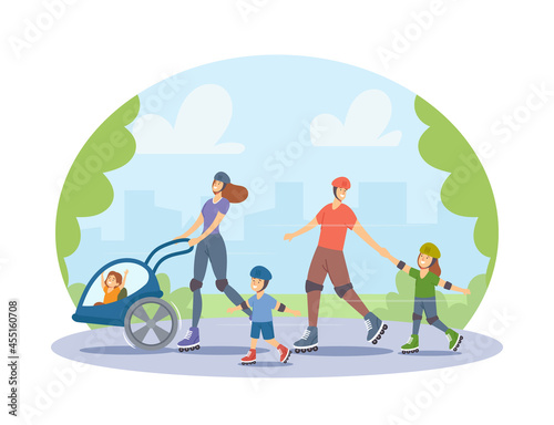 Rollers Family Leisure and Sport. Mother, Father and Little Kids Characters Walking at City Park or Street Skating