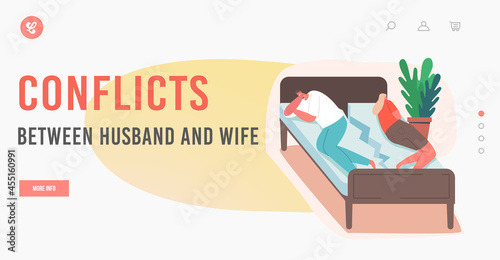 Conflict between Husband and Wife Landing Page Template. Offended Couple Characters Lying Back to Back on Broken Bed