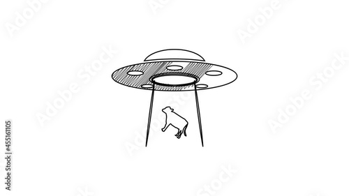 Wallpaper Mural Black line UFO abducts cow icon isolated on white background. Flying saucer. Alien space ship. Futuristic unknown flying object. 4K Video motion graphic animation Torontodigital.ca