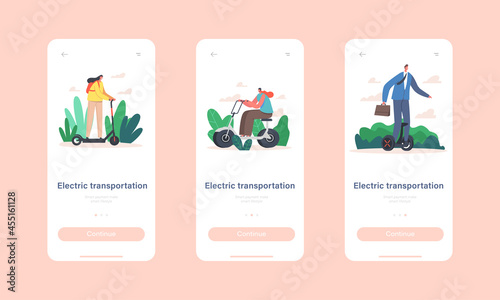 Characters Riding Electric Transport Mobile App Page Onboard Screen Template. People Use Scooter, Hoverboard and Bike