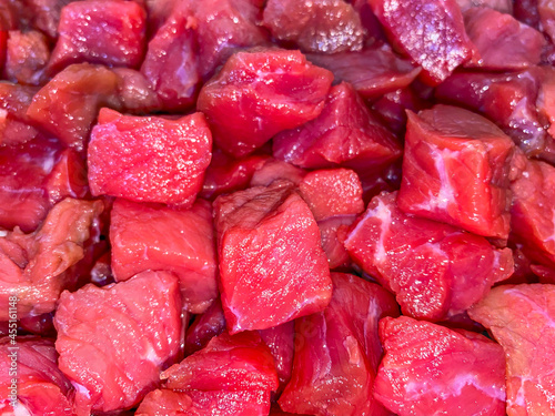 Meat cut into morsel sized pieces in the pot