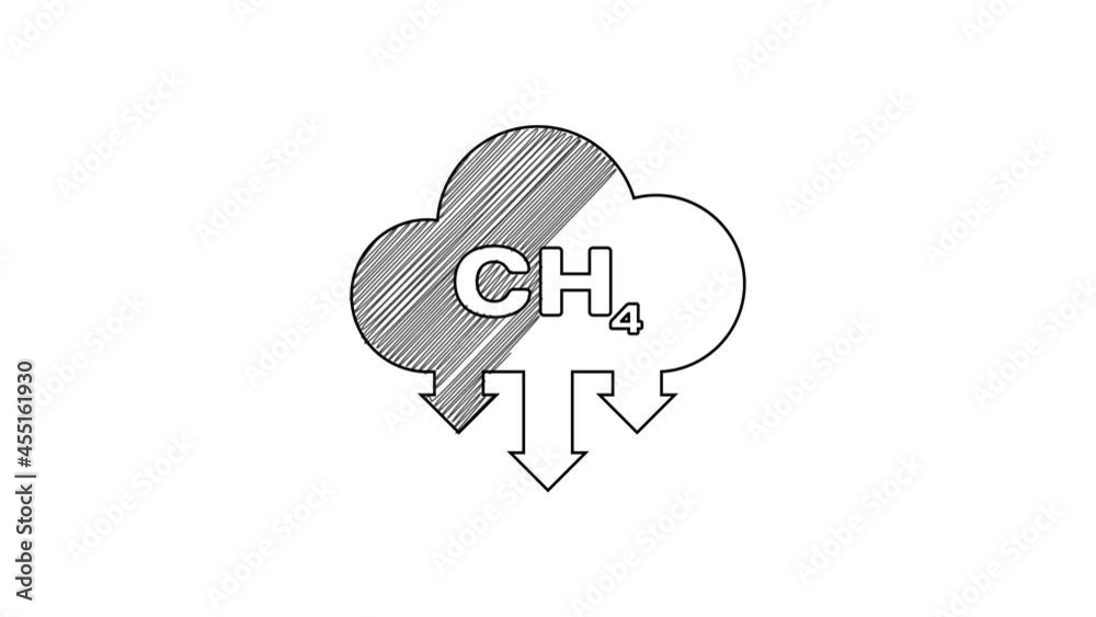 Black line Methane emissions reduction icon isolated on white background. CH4 molecule model and chemical formula. Marsh gas. Natural gas. 4K Video motion graphic animation Black line Methane emissions reduction icon isolated on white background. CH4 molecule model and chemical formula. Marsh gas. Natural gas. 4K Video motion graphic animation