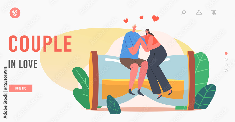 Couple in Love Landing Page Template. Happy Loving Man and Woman Holding Hands, Hug Sitting on Huge Hourglass