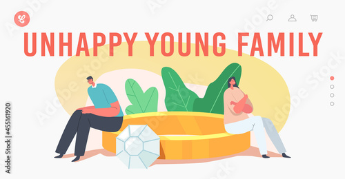 Unhappy Young Family Landing Page Template. Offended Couple Characters Sitting on Huge Engagement Ring, Couple Quarrel