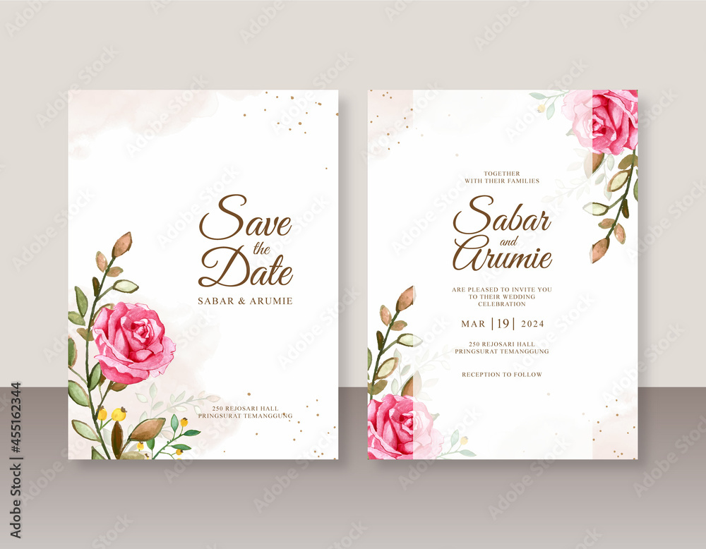 Minimalist wedding invitation template with rose watercolor painting