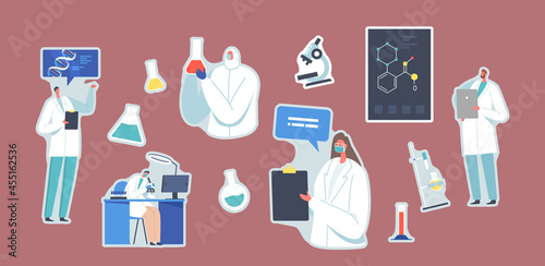 Set of Stickers Scientific Laboratory Research. Scientists Characters Working with Dna, Looking through Microscope