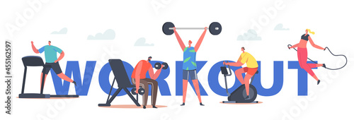Characters Workout Concept. People Training in Gym Run on Treadmill, Riding Bicycle, Exercise with Barbell and Dumbbells