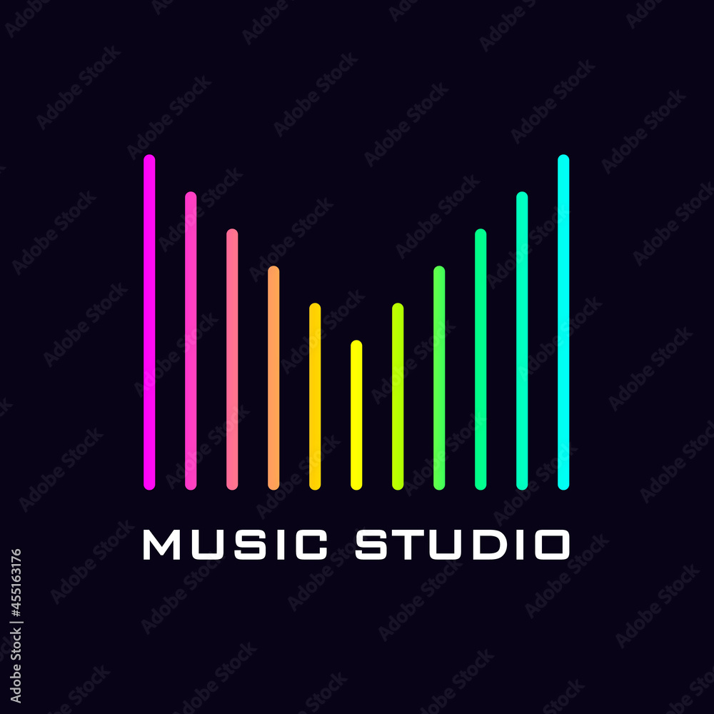 Modern logo for a music studio. Tech neon rainbow m-shaped stripes isolated on a black background.