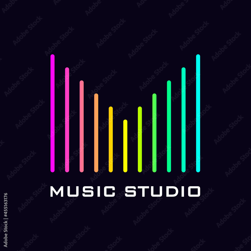 Modern logo for a music studio. Tech neon rainbow m-shaped stripes isolated on a black background. Modern logo for a music studio. Tech neon rainbow m-shaped stripes isolated on a black background.