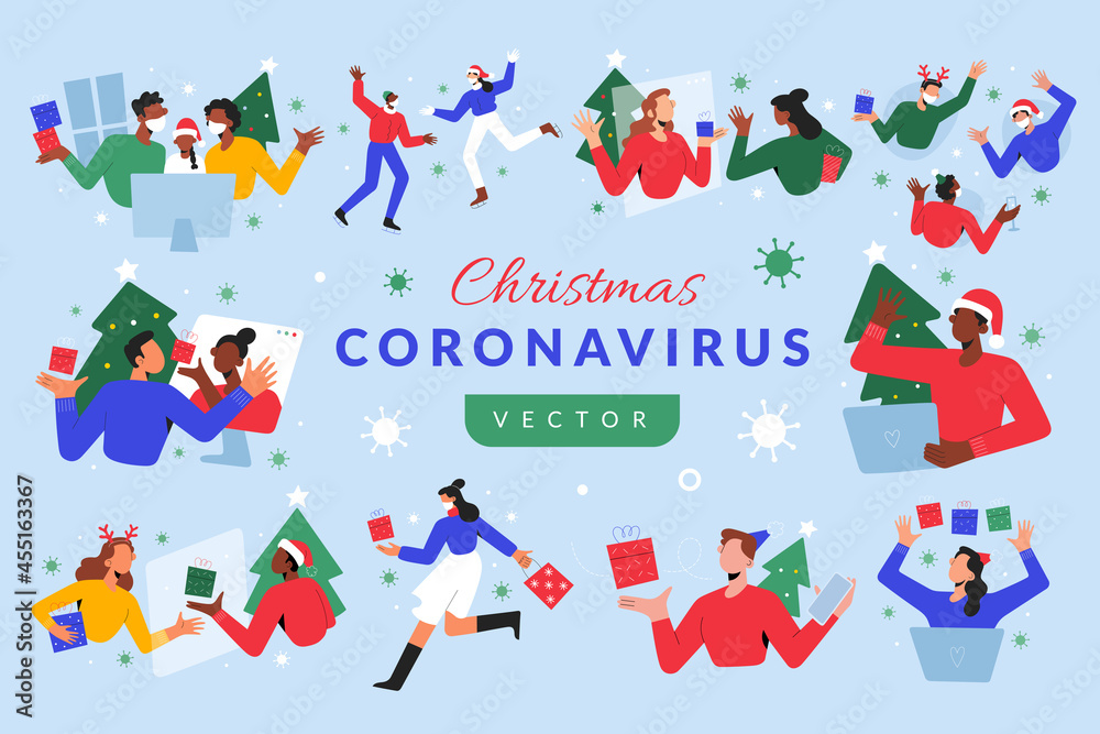 Obraz premium Covid Christmas collection, people celebrating holidays distantly, making video calls on Christmas eve, doing shopping, wearing face masks, exchanging gifts, making online parties on video conference.