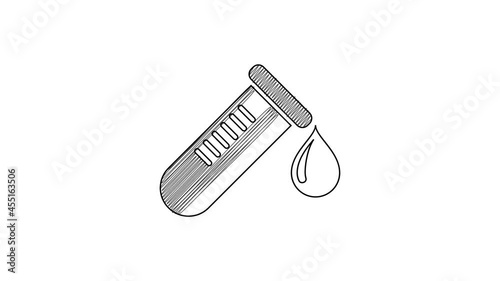 Black line Test tube or flask with drop of blood icon isolated on white background. Laboratory, chemical, scientific glassware sign. 4K Video motion graphic animation