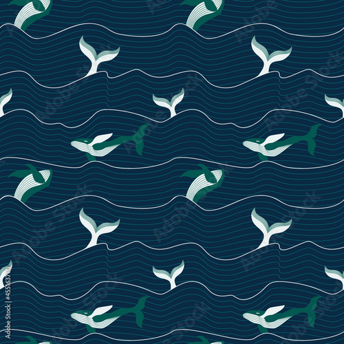 Seamless vector pattern with ocean waves and whales. Atmospheric repeating sea background in dark blue and green tones (ID: 455163700)